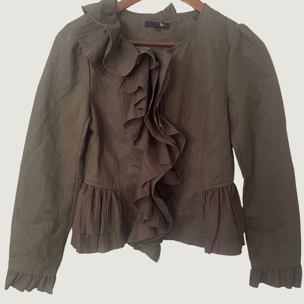 Anthropologie Ryu Womens Ruffle Peplum Jacket Olive Green Zip Front Small